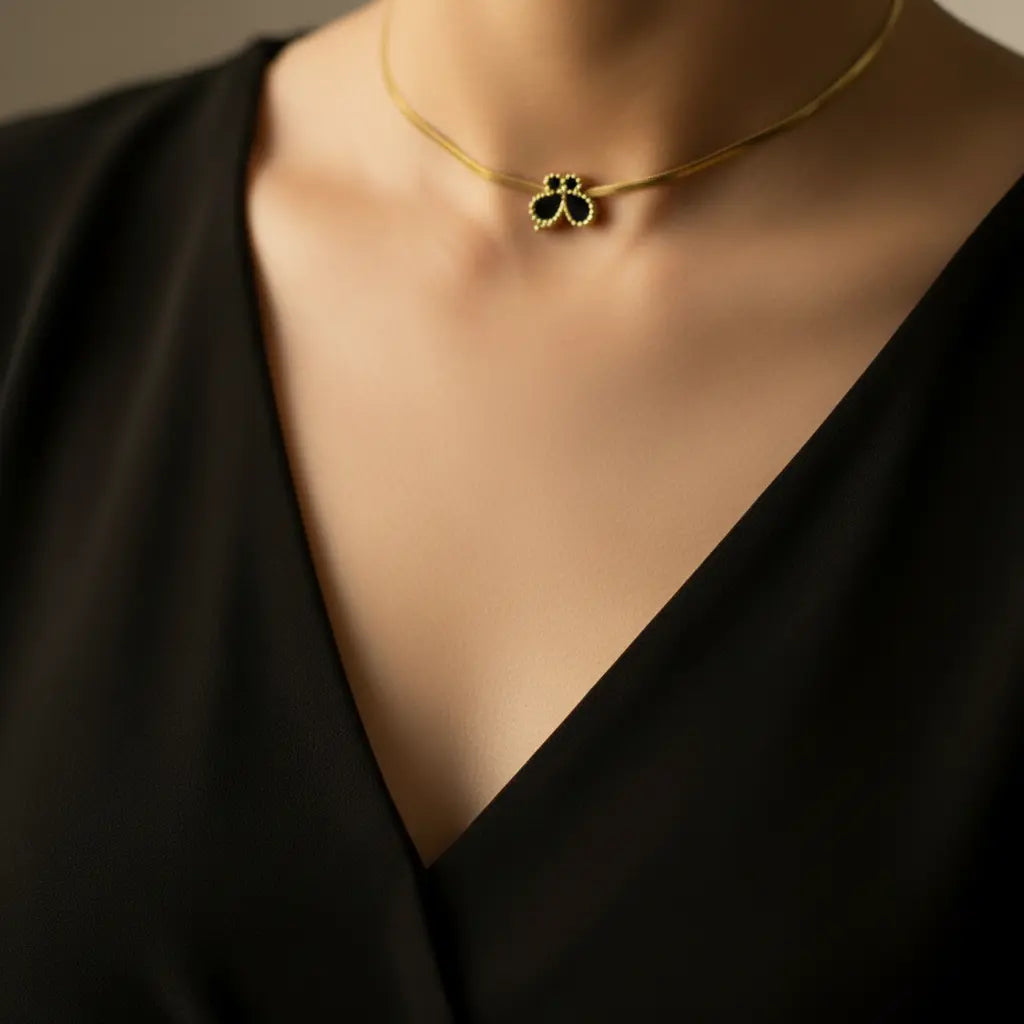 Side view black butterfly snake chain pendant necklace – dainty statement jewellery for women – Oneofé