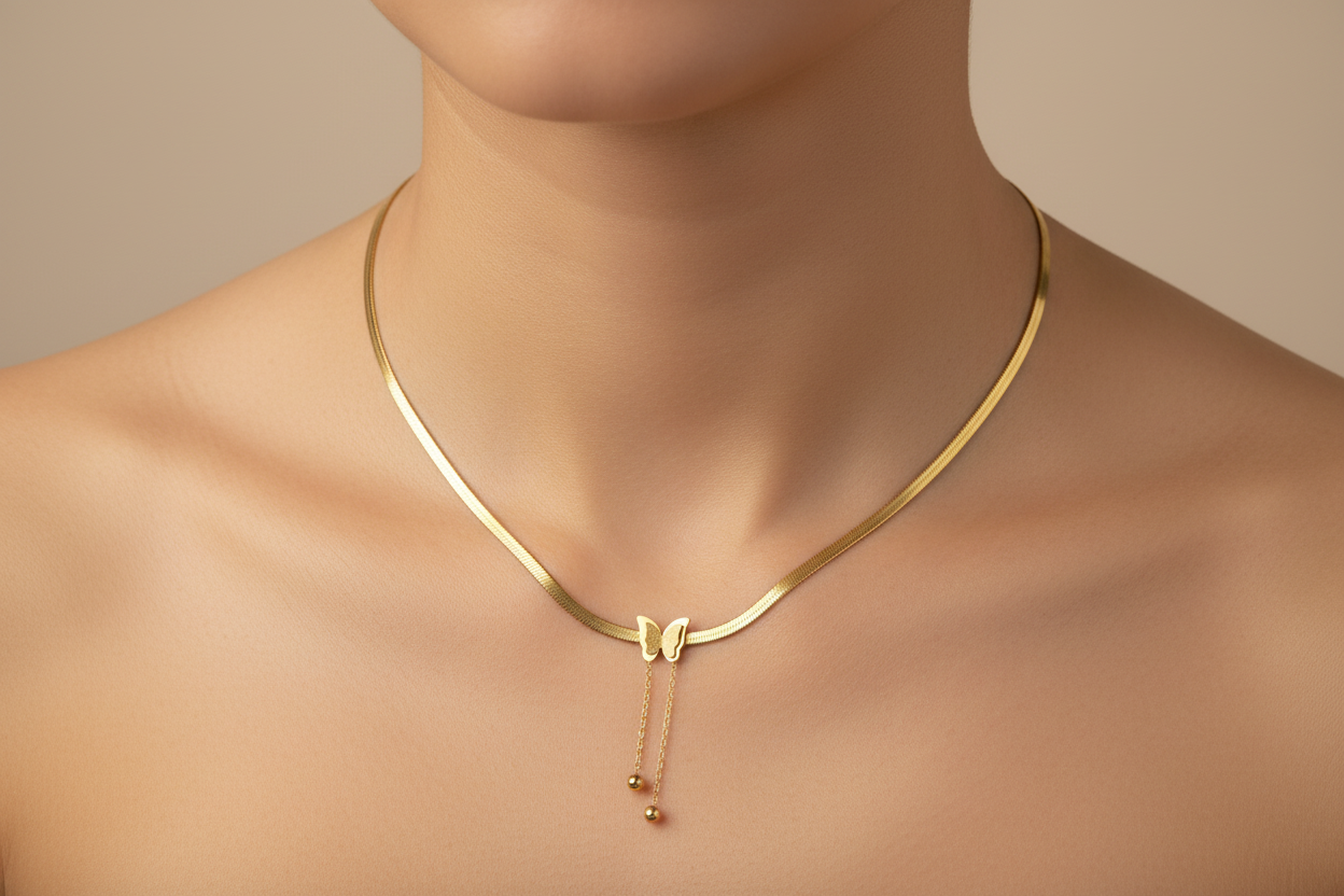 Gold plated butterfly snake chain necklace – dainty everyday jewellery for women – Oneofé