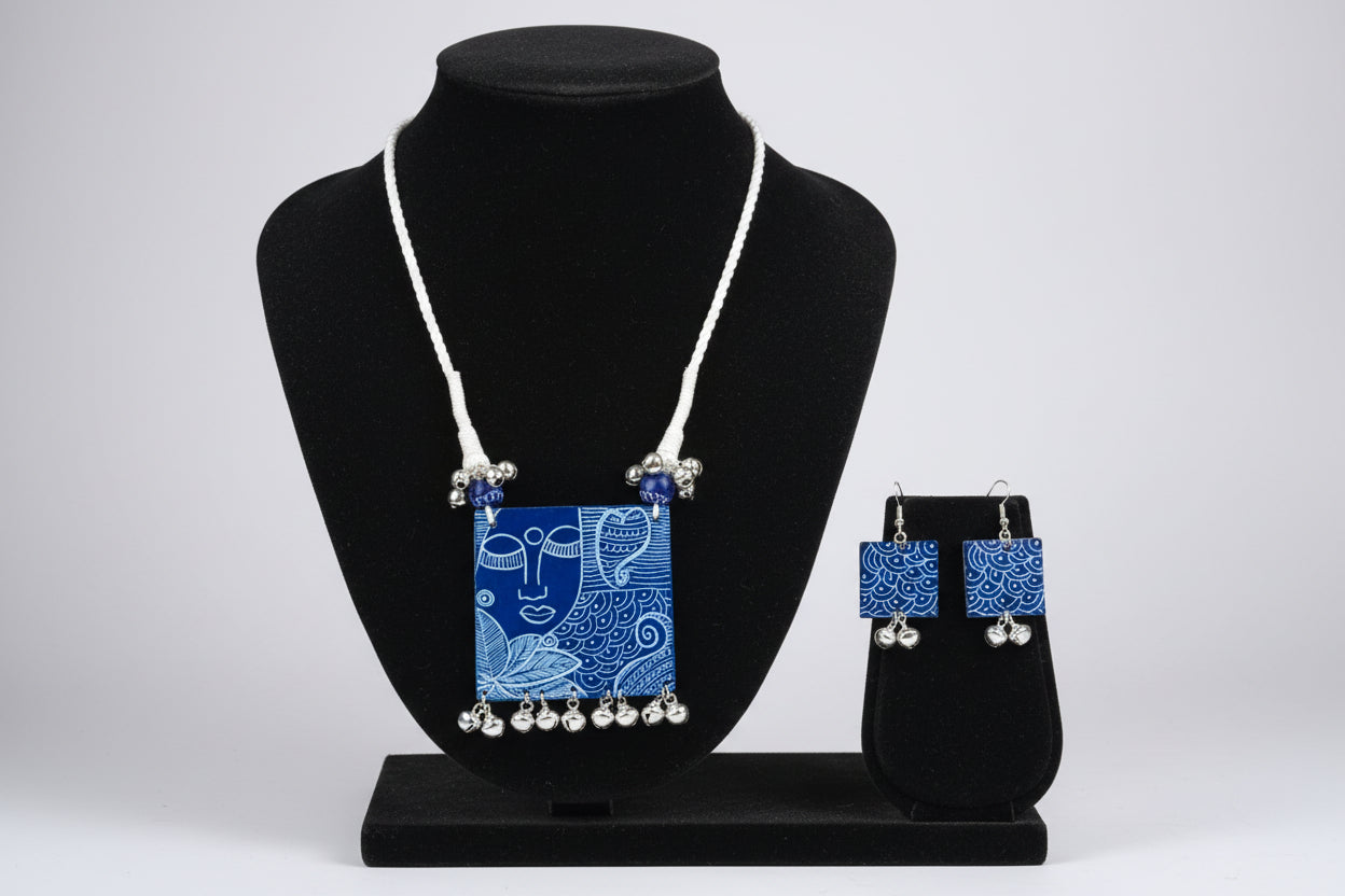 Blue colour wooden handcrafted beaded necklace set — boho ethnic jewellery gift for her India