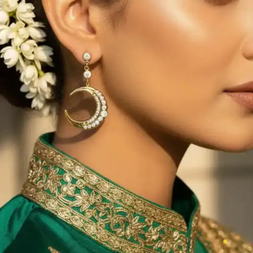 18K Gold Plated Crescent Moon Zircon Drop Earring worn by model in Indian festive bridal look – Oneofé