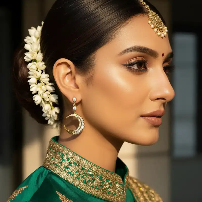 18K Gold Plated Crescent Moon Zircon Drop Earring worn by model in Indian festive bridal look – Oneofé
