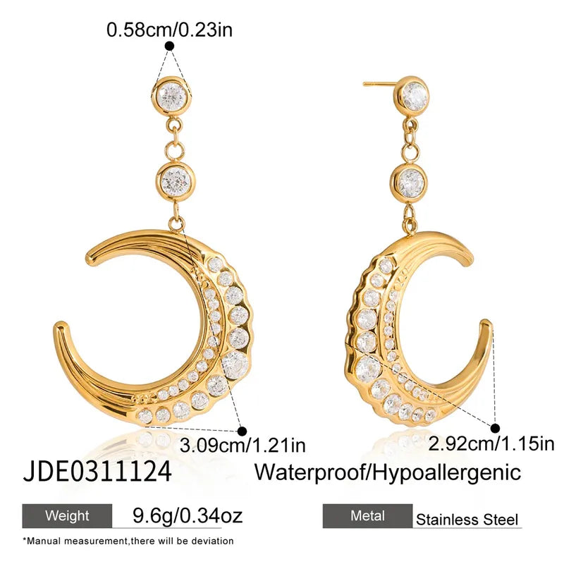 18K Gold Plated Crescent Moon CZ Earring size guide – 3.09cm waterproof hypoallergenic stainless steel drop earring – Oneofé