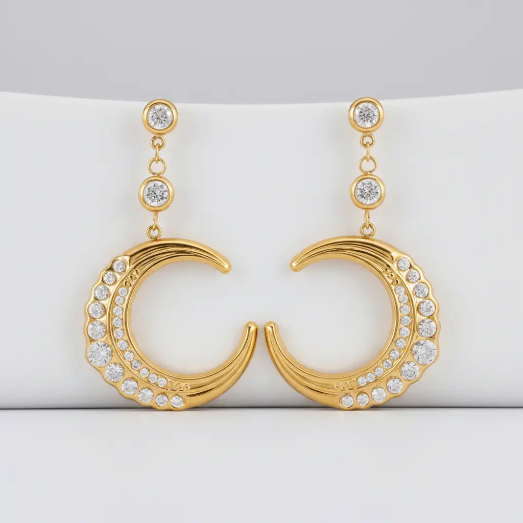 18K Gold Plated White Zircon Crescent Moon Drop Earring product flat lay on white display – dainty statement earrings for women – Oneofé