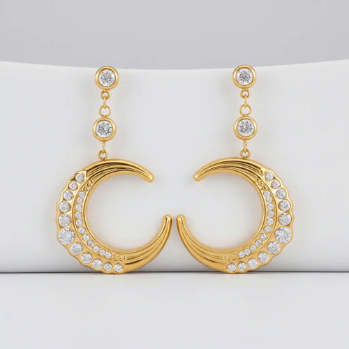 18K Gold Plated White Zircon Crescent Moon Drop Earring product flat lay on white display – dainty statement earrings for women – Oneofé