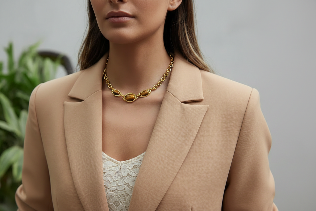 Vintage gold plated tiger eye stone geometric necklace — office wear statement jewellery for women