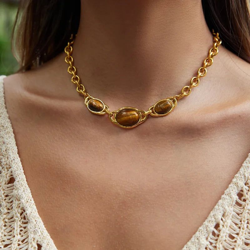 Vintage 18K gold plated tiger eye stone geometric necklace — earthy boho jewellery for women India