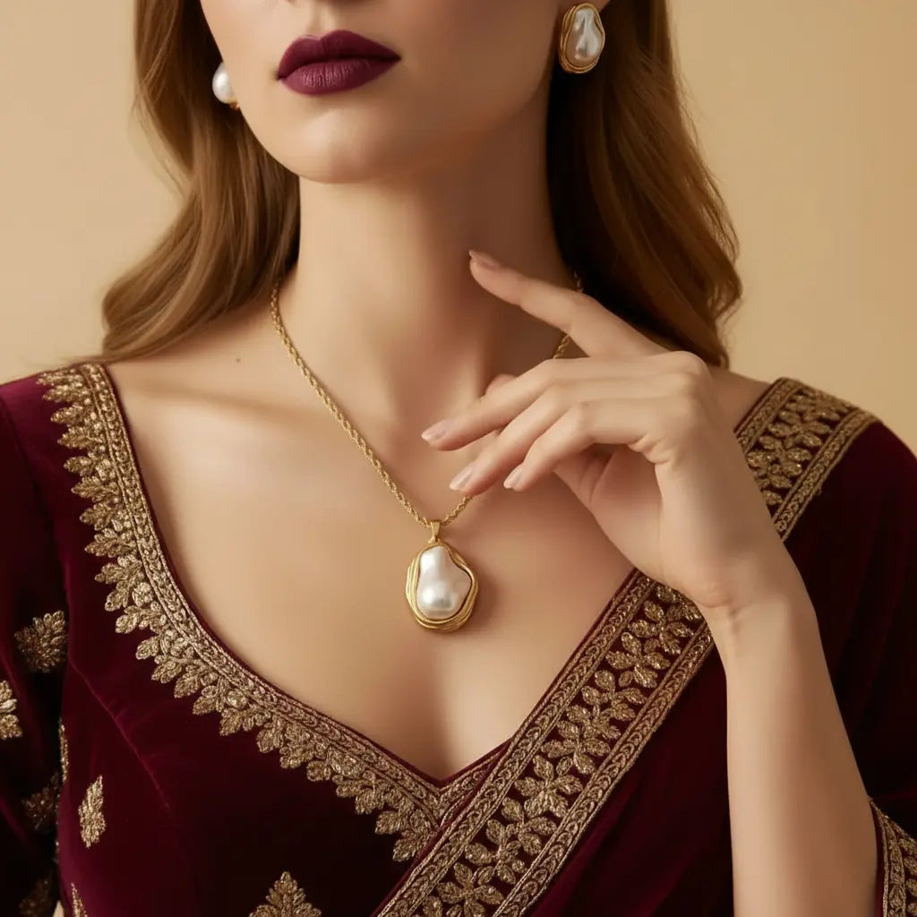18K Gold-Plated White Pearl Inlay Necklace and Earring Set – glam luxe festive statement for women – Oneofé