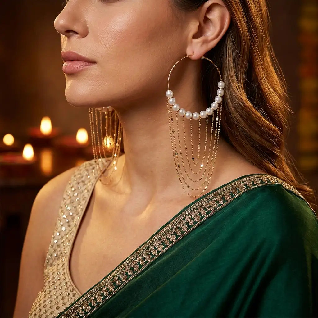 Gold-tone pearl cascade hoop earrings with emerald saree styling – Diwali statement jewellery for women – Oneofé