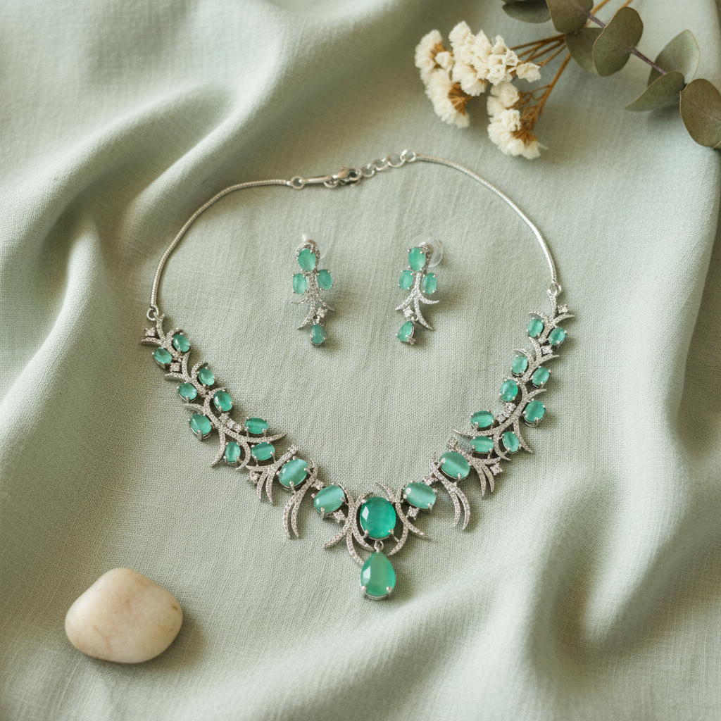 Ethereal seafoam green beaded necklace set — handcrafted festive jewellery for women India