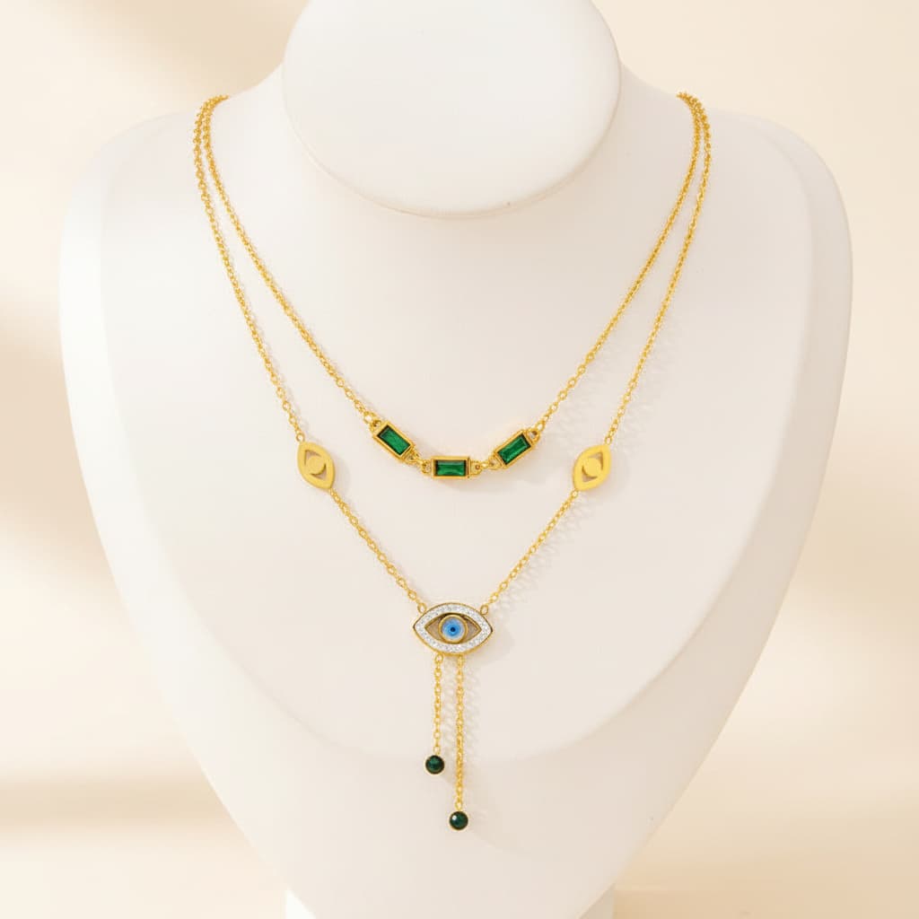 Evil eye gold plated layered necklace with blue zircon — minimalist office wear jewellery for women