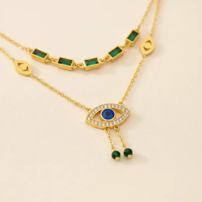 lightweight Evil eye gold plated layered necklace with blue zircon close up detail — minimalist office wear jewellery for women
