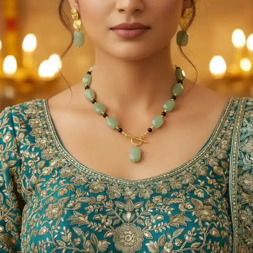 Copper Gold Mint Green Natural Stone Necklace Set – ethnic festive statement for women – Oneofé