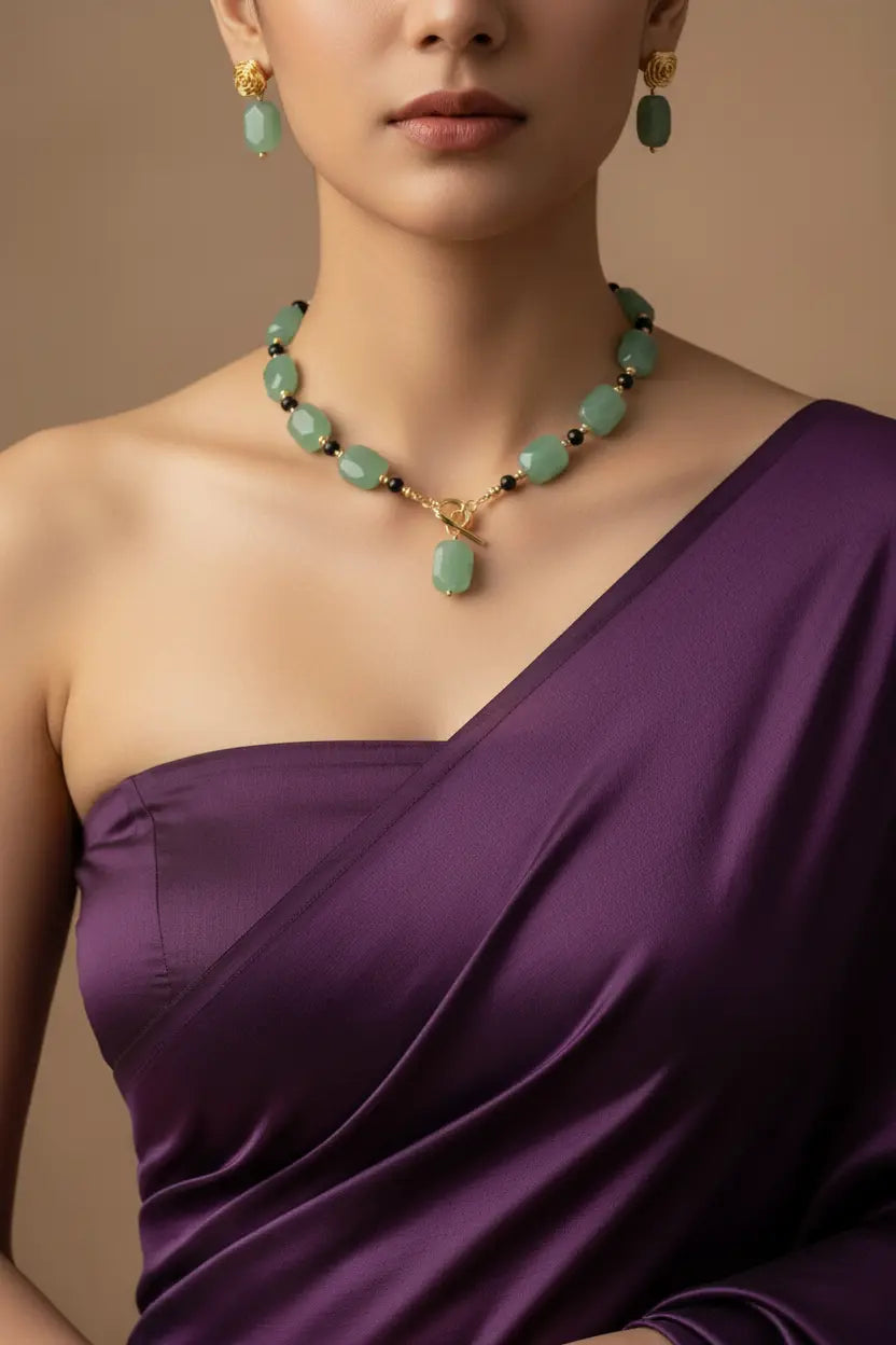 Copper Gold Mint Green Beaded Stone Necklace Set – ethnic bridal statement for women – Oneofé