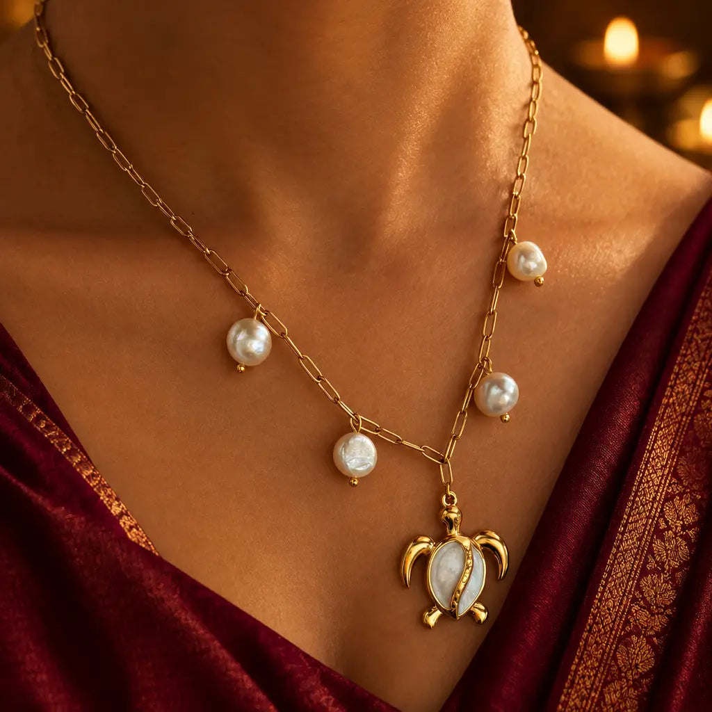 Gold plated tortoise pendant vintage style necklace — artisanal festive jewellery India | Oneofé