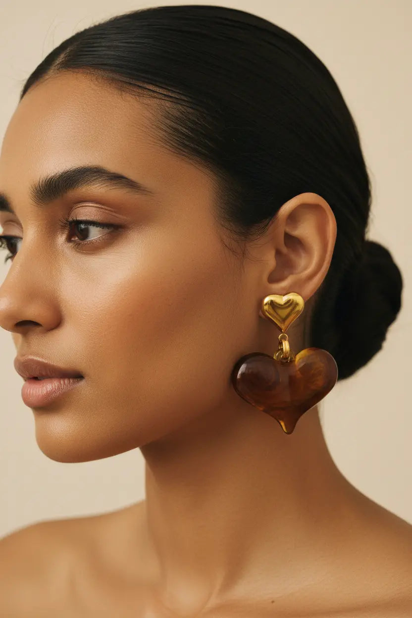 Handmade heart shape gold plated stud earrings angle view— statement earring gift for her 