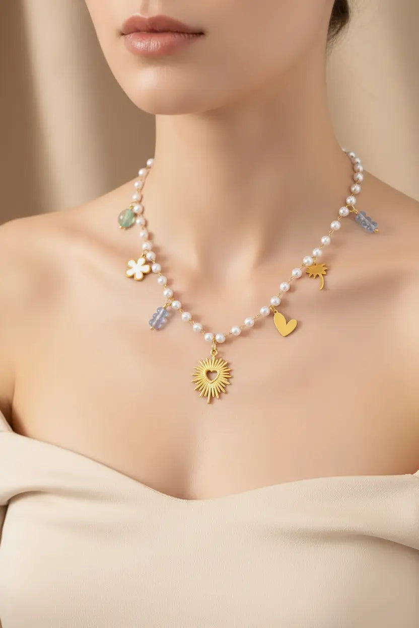 angle view , Heart shape multi charms beaded pearl necklace — handmade pastoral style jewellery for women India