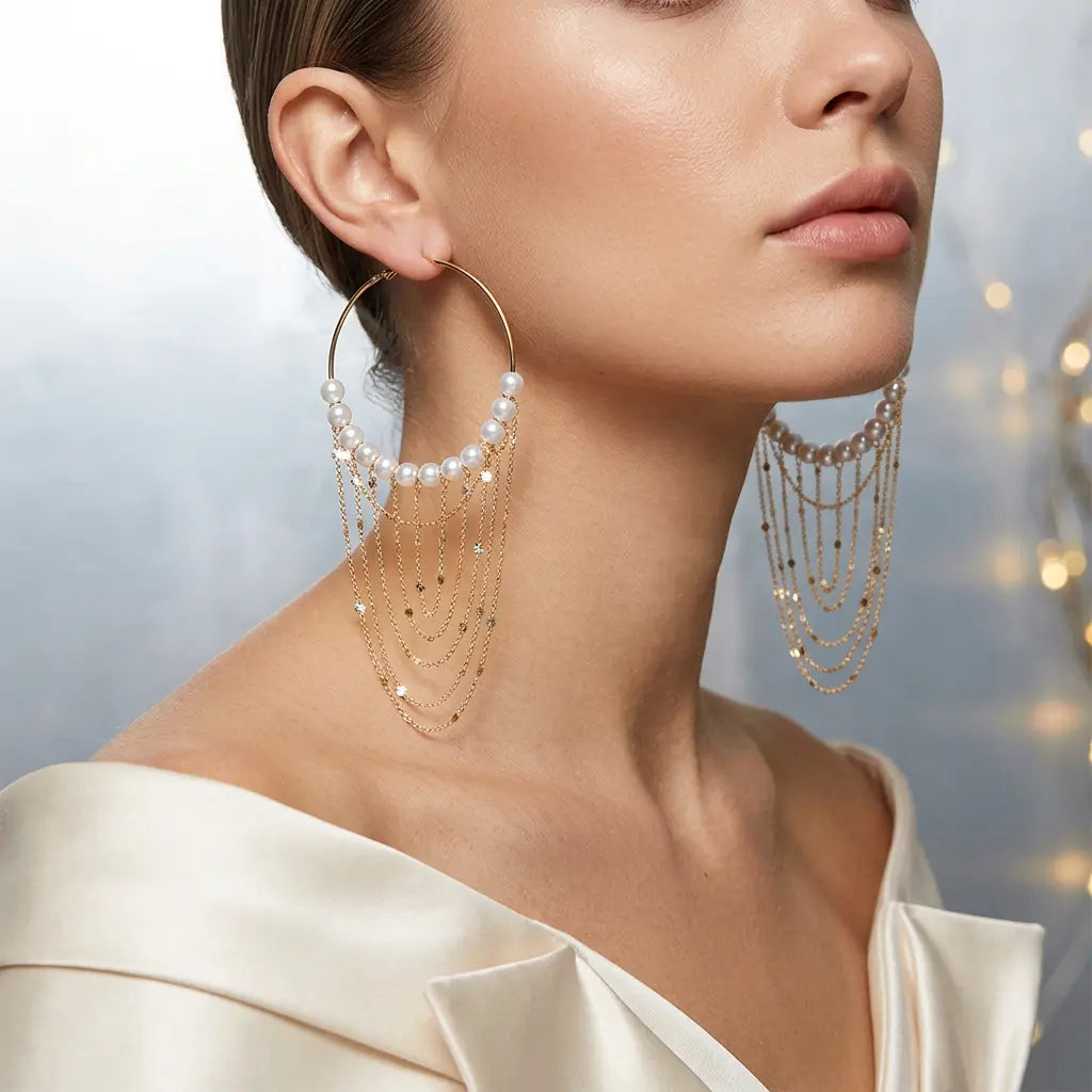 Gold-tone pearl tassel hoop earrings with champagne satin styling – evening statement jewellery for women – Oneofé