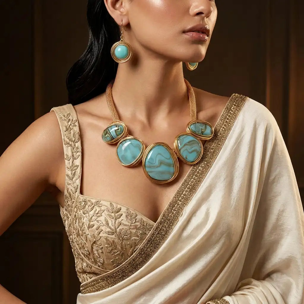 Turquoise blue resin statement necklace with gold-tone frames and ivory saree – festive jewellery for women – Oneofé