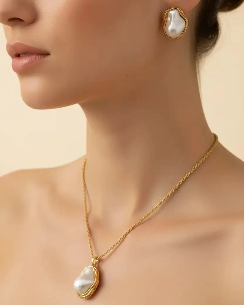 18K Gold-Plated White Pearl Inlay Pendant Necklace and Stud Earring Set – elegant model shot for women – Oneofé