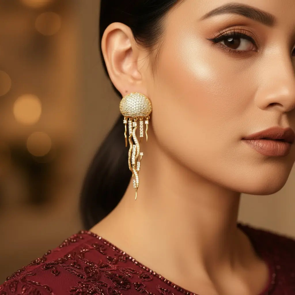 Gold Zircon Jellyfish Tassel Earrings on model in burgundy festive outfit – festive statement earrings for women – Oneofé