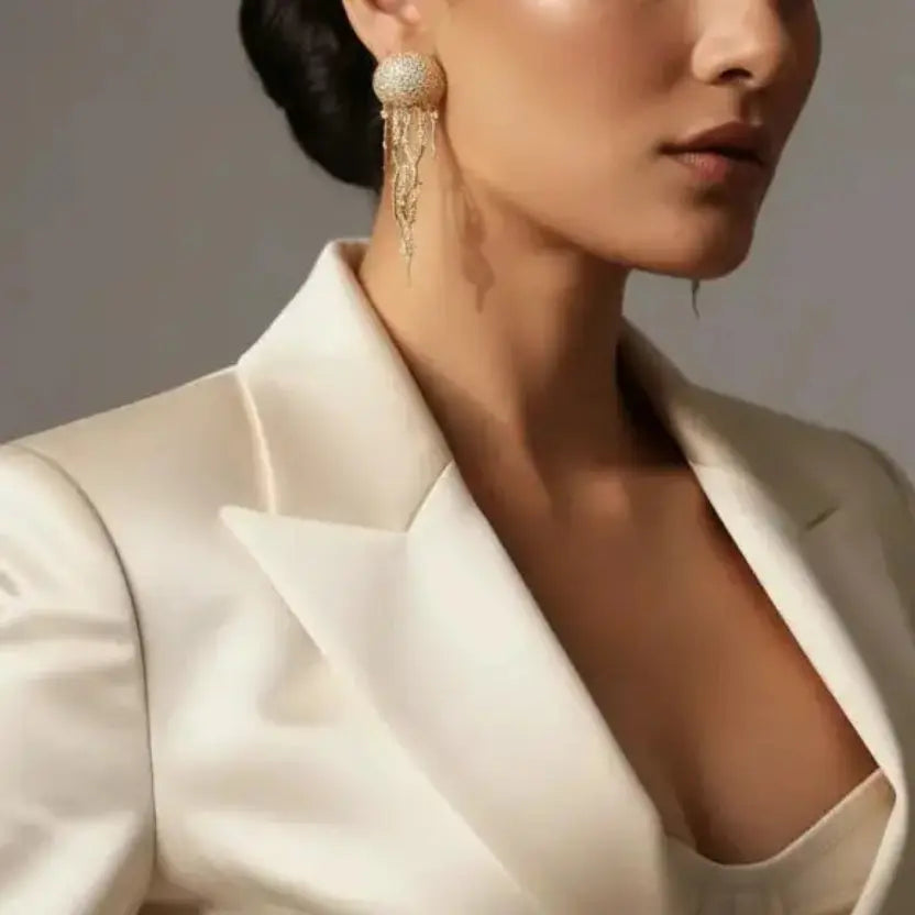 Gold plated Zircon Jellyfish Tassel Earrings ivory studio editorial – minimalist statement earrings for women – Oneofé