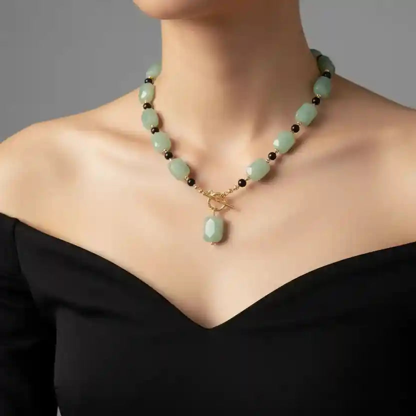 Copper Gold Mint Green Geometric Stone Necklace Set – modern chic statement everyday for women – Oneofé