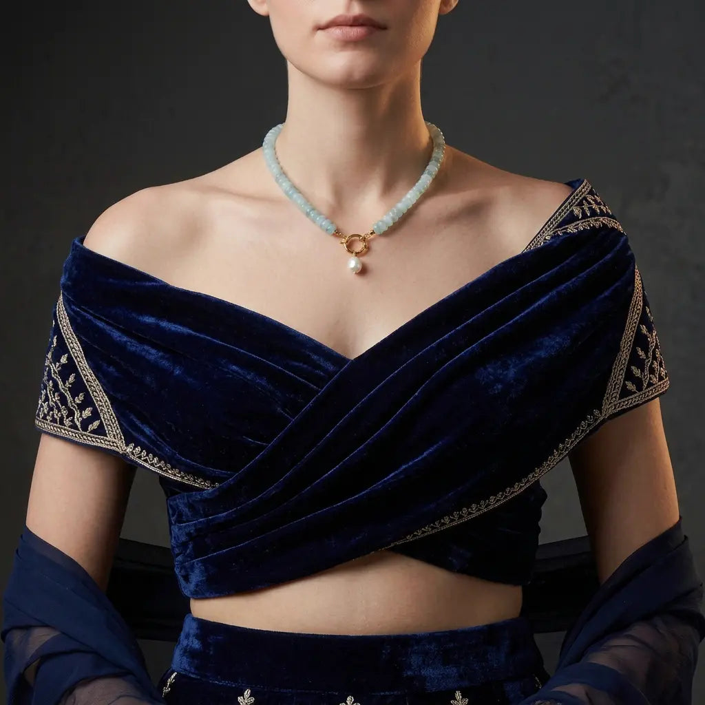 Gold-plated aqua beaded necklace with freshwater pearl on navy blue velvet lehenga – festive jewellery for women – Oneofé