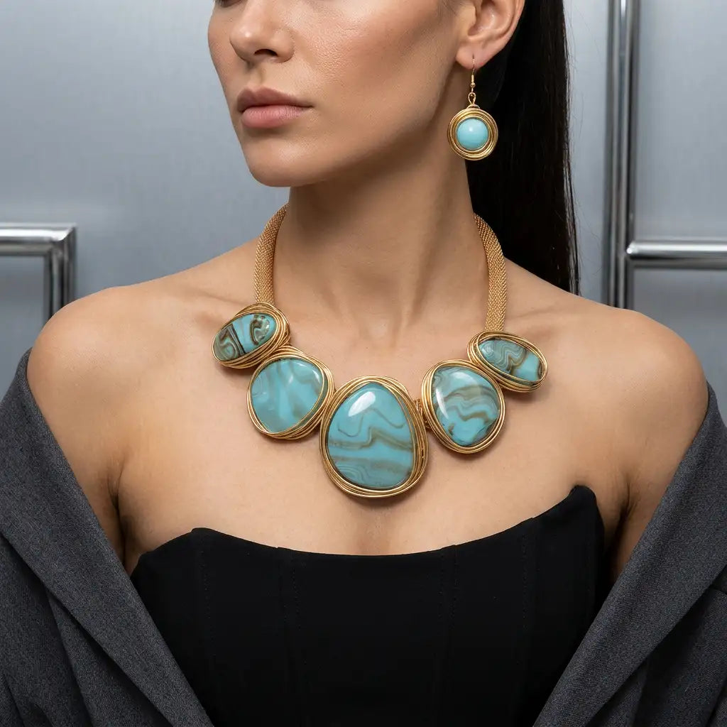 Turquoise blue resin statement necklace with gold-tone frames and black corset – evening jewellery for women – Oneofé