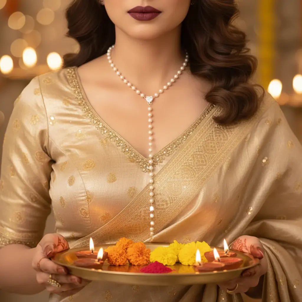 Gold Plated Pearl Bead Y-Lariat Collarbone Necklace worn by model for festive  look – Oneofé