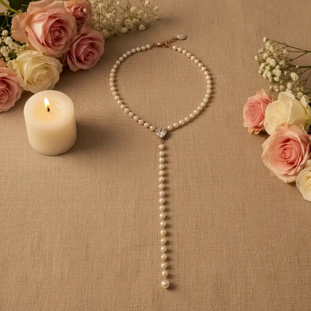 Gold Plated Faux Pearl Y-Lariat Necklace with Heart CZ centre – vintage collarbone necklace for women – Oneofé