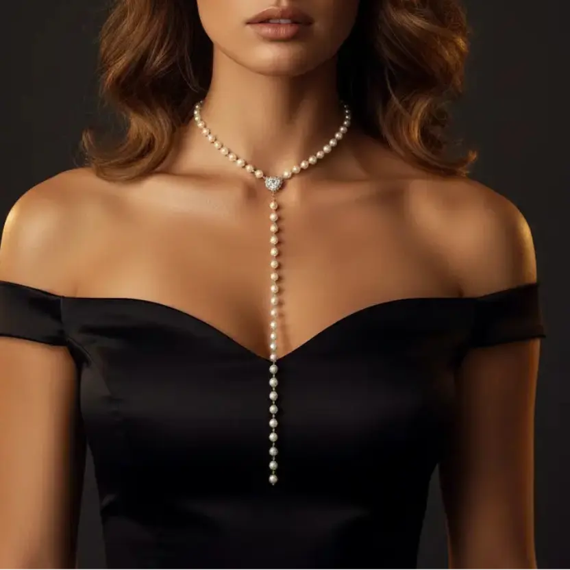 Faux Pearl Bead Y-Lariat Collarbone Necklace with Heart CZ