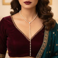 Gold Plated Pearl Bead Y-Lariat Collarbone Necklace worn by model for festive look – Oneofé