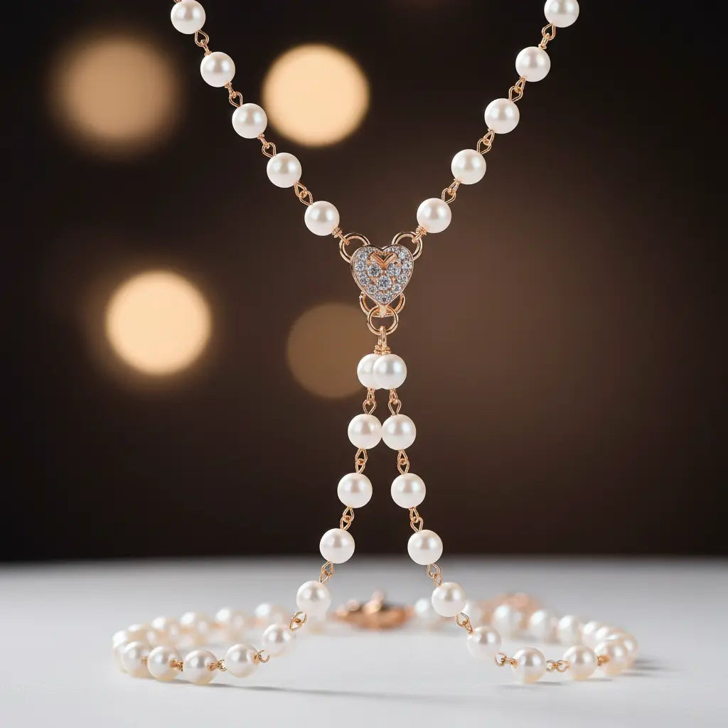 Gold Plated Faux Pearl Y-Lariat Necklace with Heart CZ centre – vintage collarbone necklace for women – Oneofé