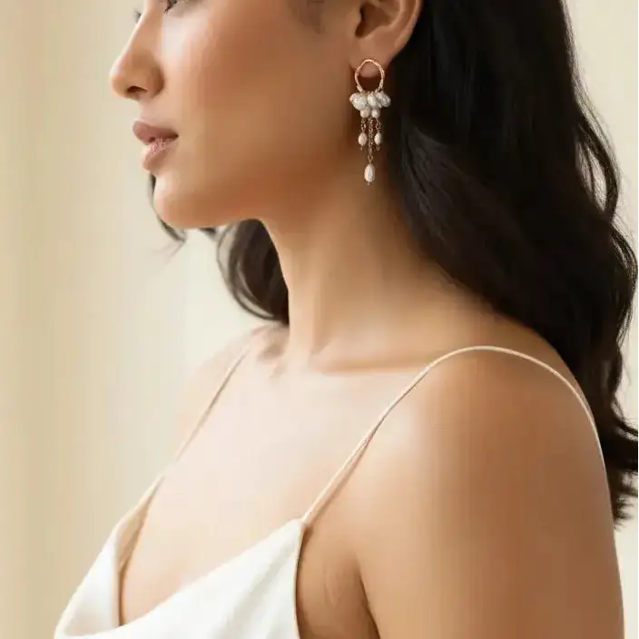 Pearl White Gold Hoop Natural Freshwater Pearl Tassel Drop Earrings – minimalist luxury for women – Oneofé