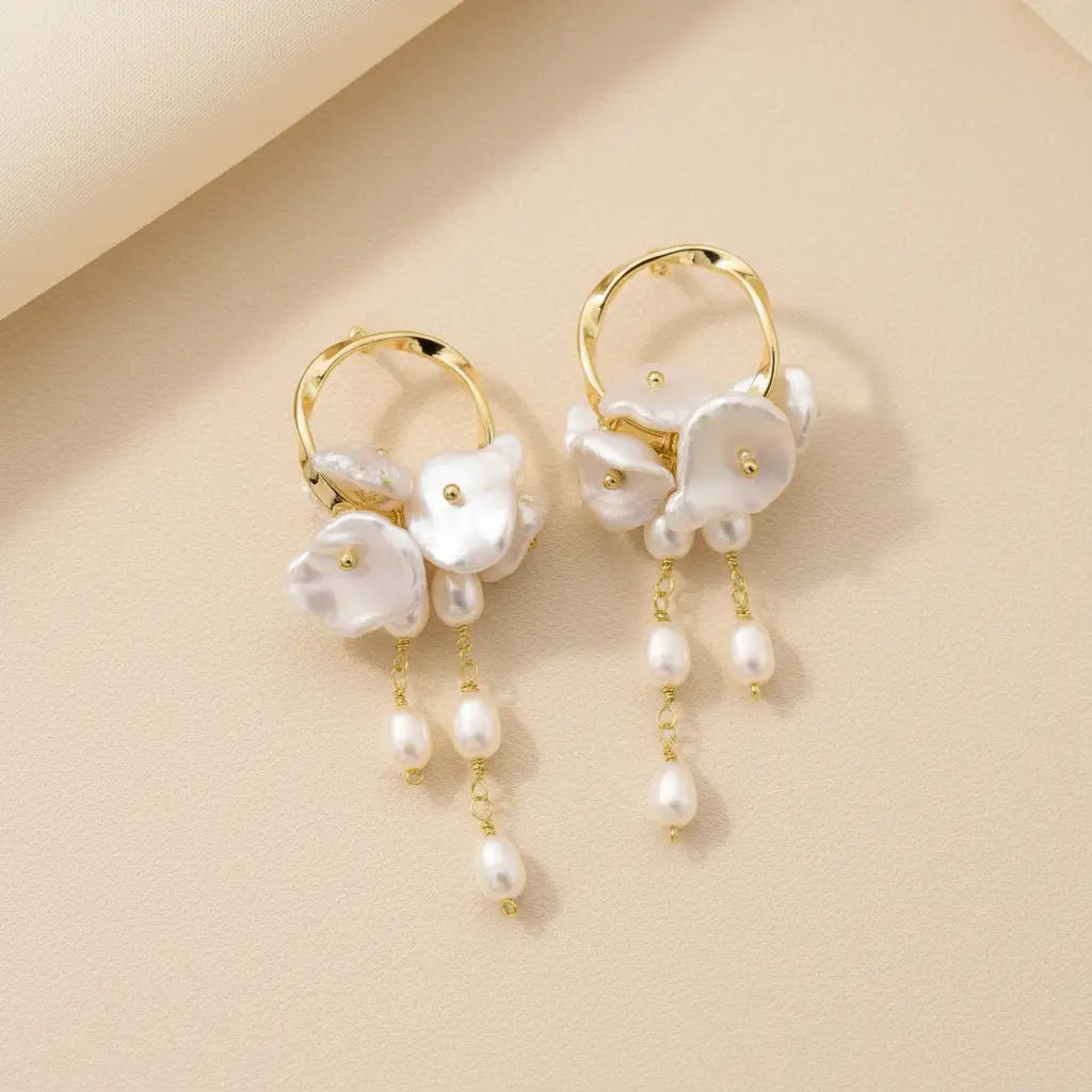 Pearl White Gold Hoop Baroque Freshwater Pearl Tassel Drop Earrings – curated demi-fine for women – Oneofé