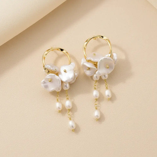 Pearl White Gold Hoop Baroque Freshwater Pearl Tassel Drop Earrings – curated demi-fine for women – Oneofé