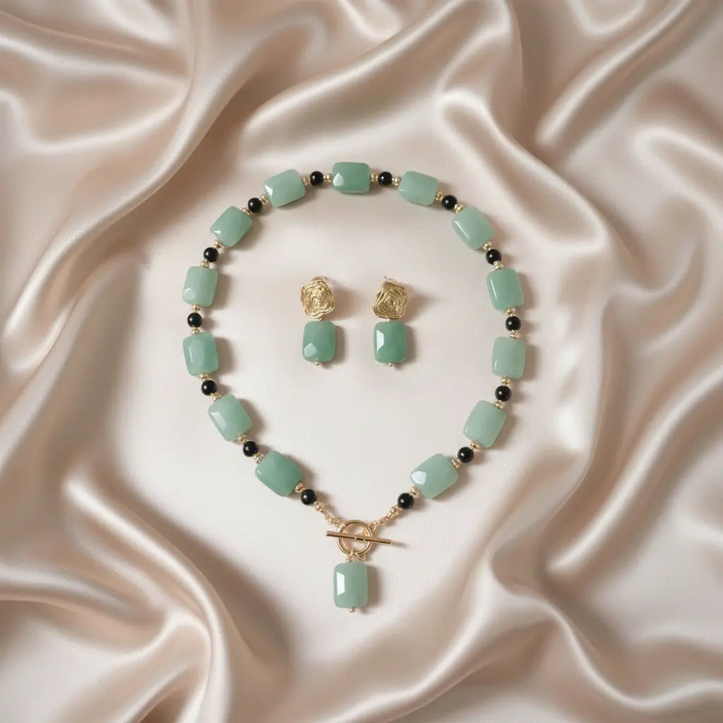 Copper Gold Mint Green Geometric Stone Necklace & Earring Set – minimalist luxury flat lay for women – Oneofé