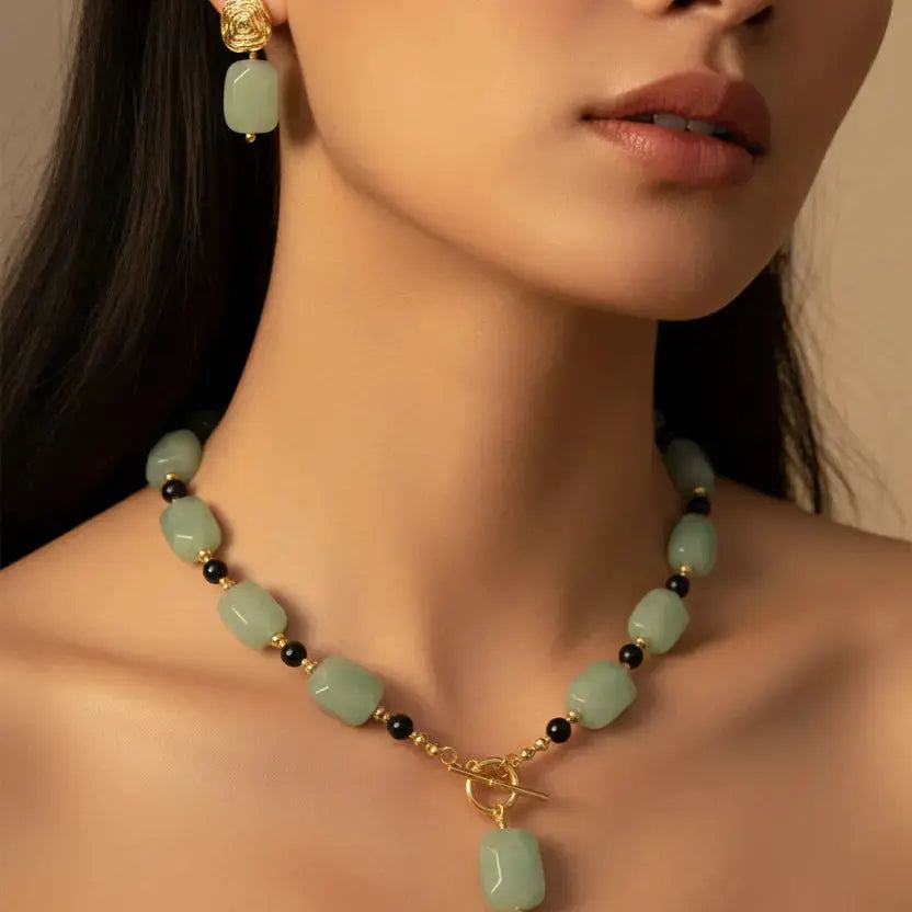 Copper Gold Mint Green Geometric Natural Stone Beaded Necklace Set – statement ethnic everyday for women – Oneofé

