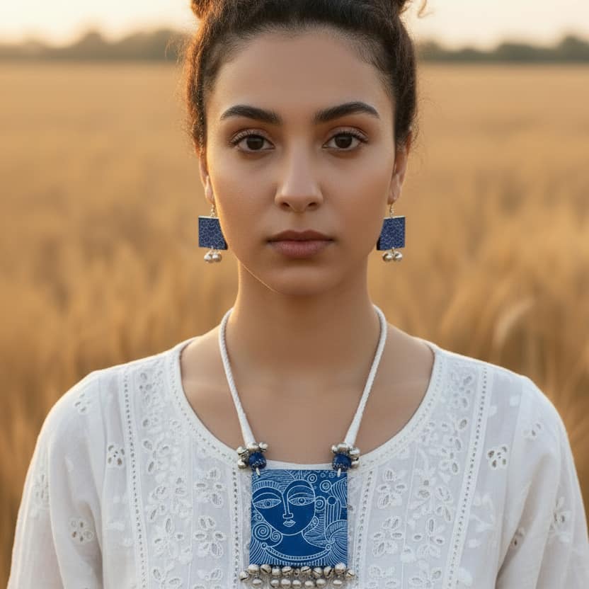 Blue color wooden handcrafted necklace set – boho ethnic everyday jewellery for women – Oneofé