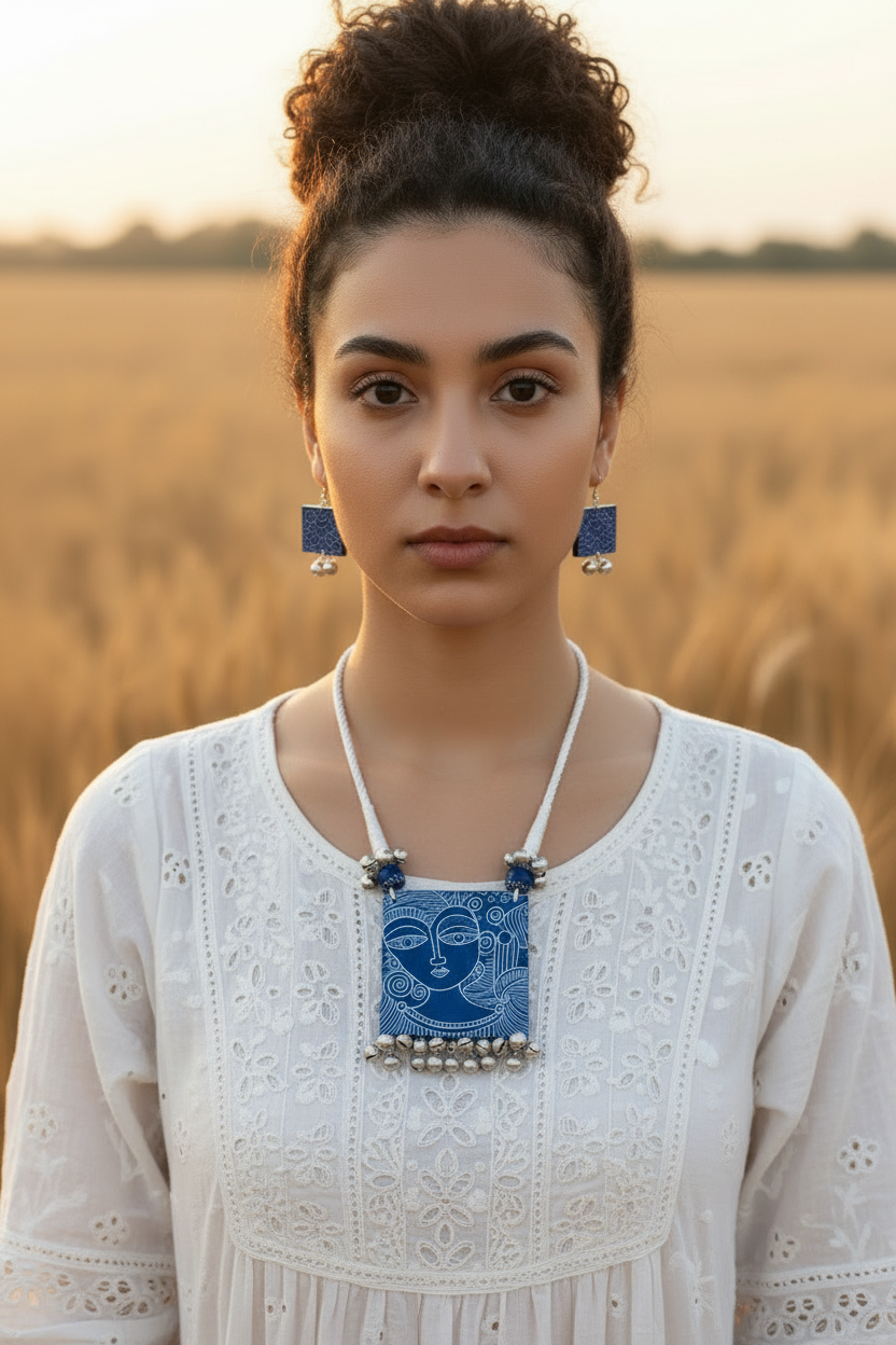 Blue color wooden handcrafted necklace set – boho ethnic everyday jewellery for women – Oneofé