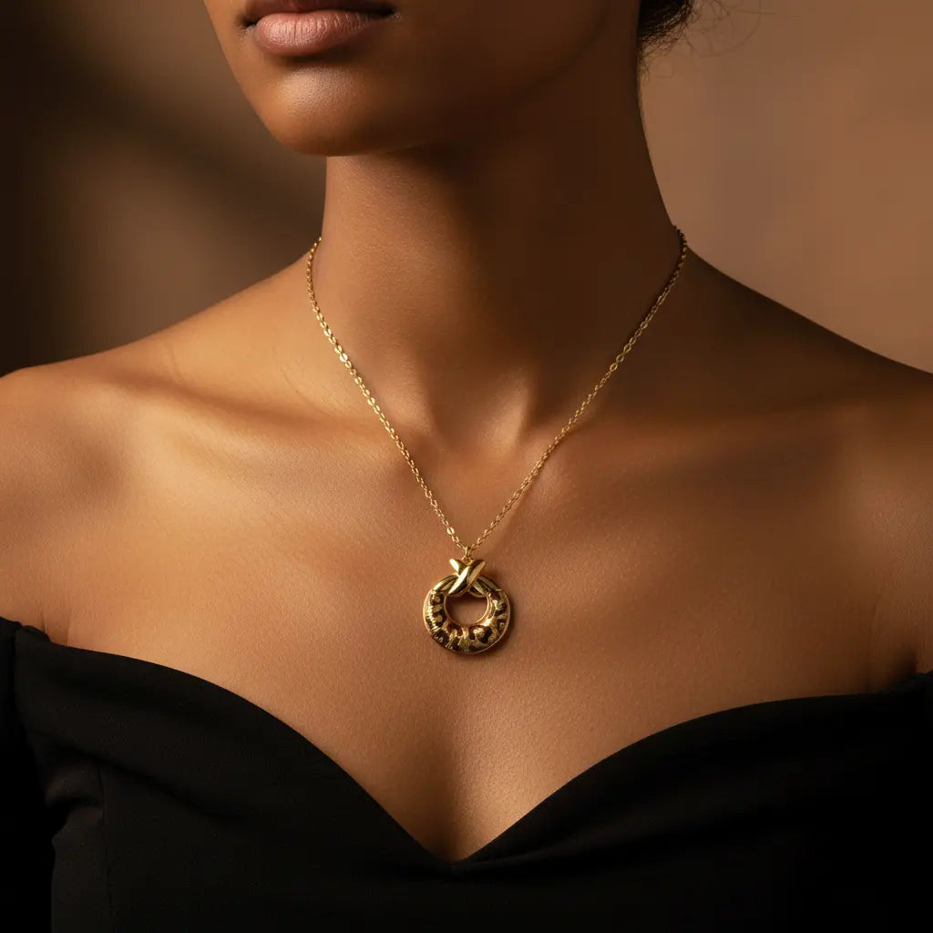 Woman wearing 18K gold leopard print circular pendant necklace collarbone close-up – editorial animal pattern jewellery – Oneofé