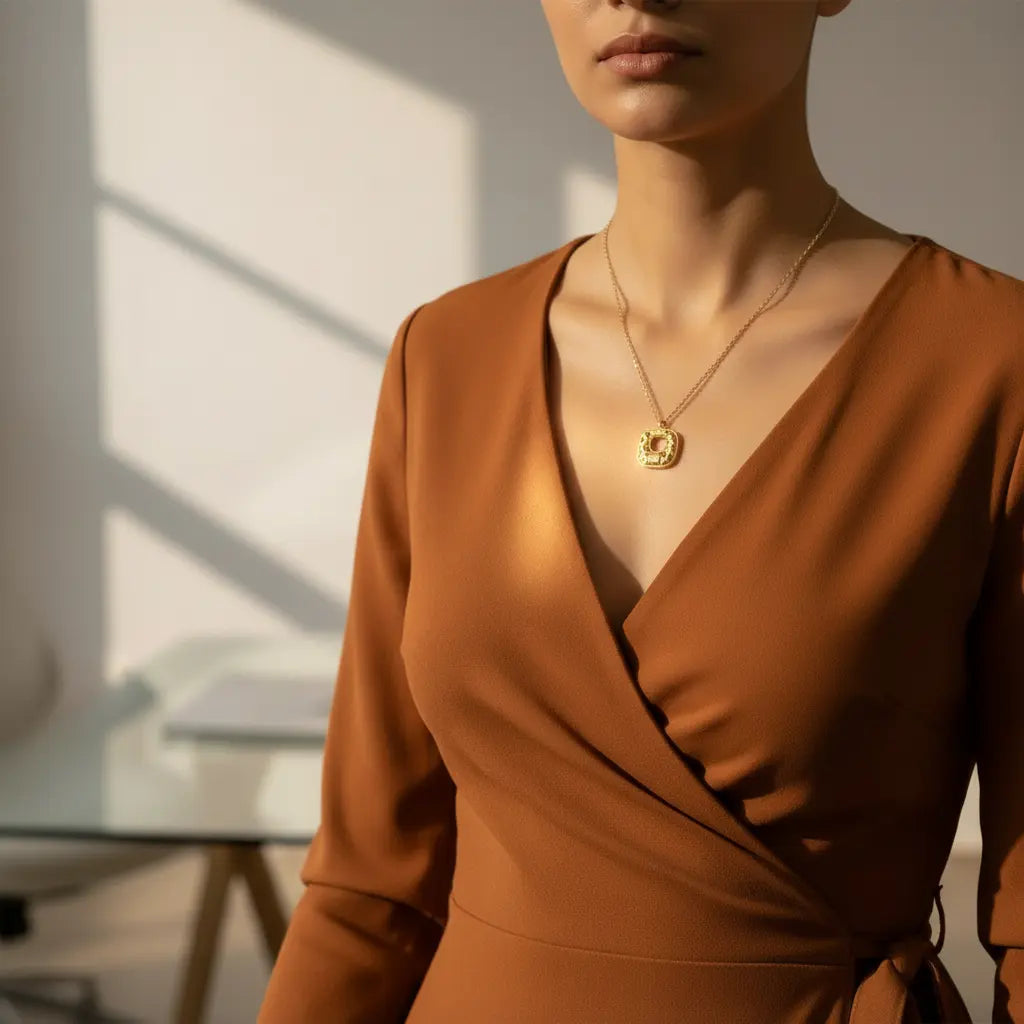Gold plated square leopard pendant necklace worn in office workwear setting – animal print demi fine gold necklace women – Oneofé