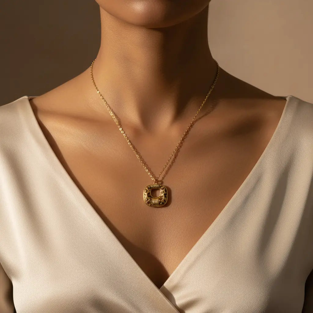 Model wearing wild luxe gold square leopard print pendant necklace – 18K gold plated statement animal pattern jewellery – Oneofé