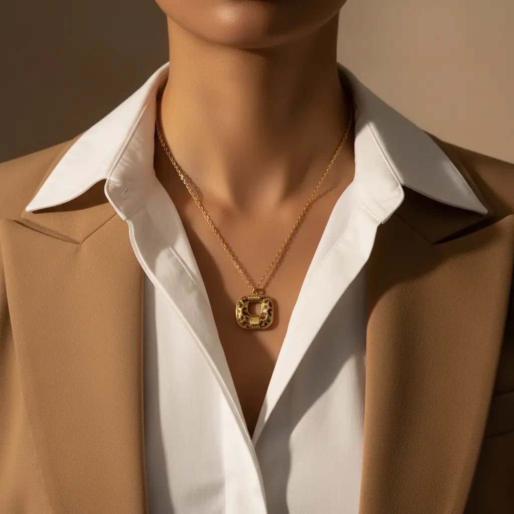 Gold leopard print square pendant necklace styled workwear office look – demi fine 18K gold plated necklace for women – Oneofé